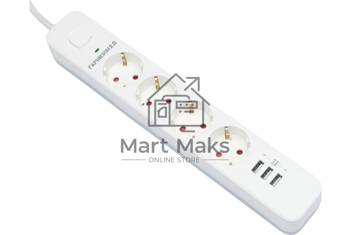 Сетевой фильтр Гарнизон 2.0 Мультипорт EPS-4-U3-W-2, 4 р, 10А, 3xUSB, 2м, ур.защиты 2+, белый, пакет