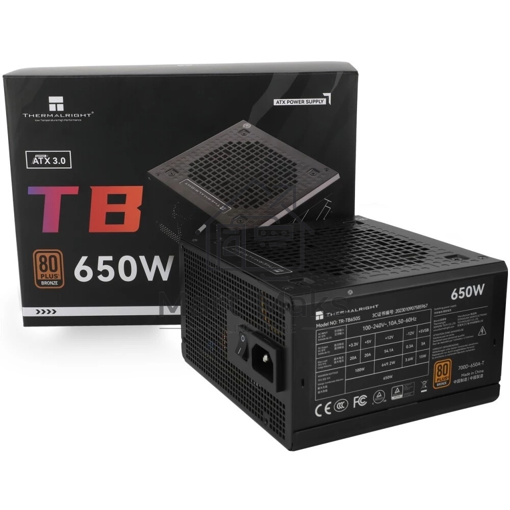 Блок питания Thermalright TR-TB650S 650W 80 PLUS Bronze, (ATX, 3, Non-modular, 1x24(20+4)pin 550mm, 1xCPU*2 8(4+4)pin 600+150mm, 1xPCIe*2 8(6+2)pin 500+150mm, 1xSATA*3+MOLEX4pin*1 400+150+150+150mm, 1xSATA*2+MOLEX4pin*2 400+150+150+150mm, Active, 120x120m