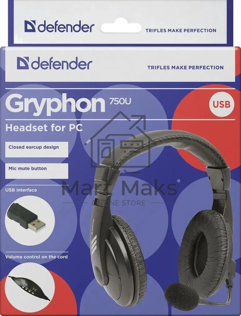 Гарнитура Defender Gryphon 750U USB, черный, 1.8м кабель