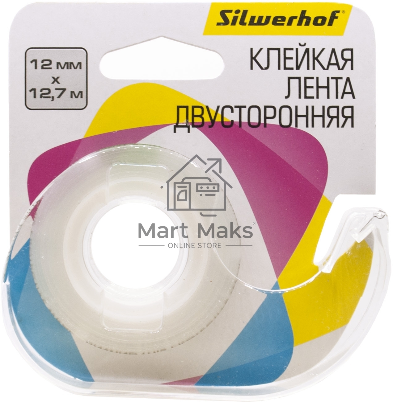 Клейкая лента двухсторонняя Silwerhof прозрачная, ширина 12мм, длина 12.7м полипропилен на диспенсере