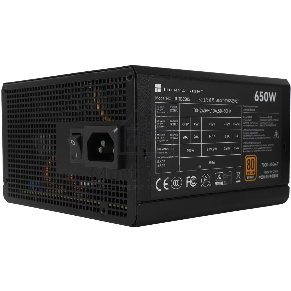 Блок питания Thermalright TR-TB650S 650W 80 PLUS Bronze, (ATX, 3, Non-modular, 1x24(20+4)pin 550mm, 1xCPU*2 8(4+4)pin 600+150mm, 1xPCIe*2 8(6+2)pin 500+150mm, 1xSATA*3+MOLEX4pin*1 400+150+150+150mm, 1xSATA*2+MOLEX4pin*2 400+150+150+150mm, Active, 120x120m