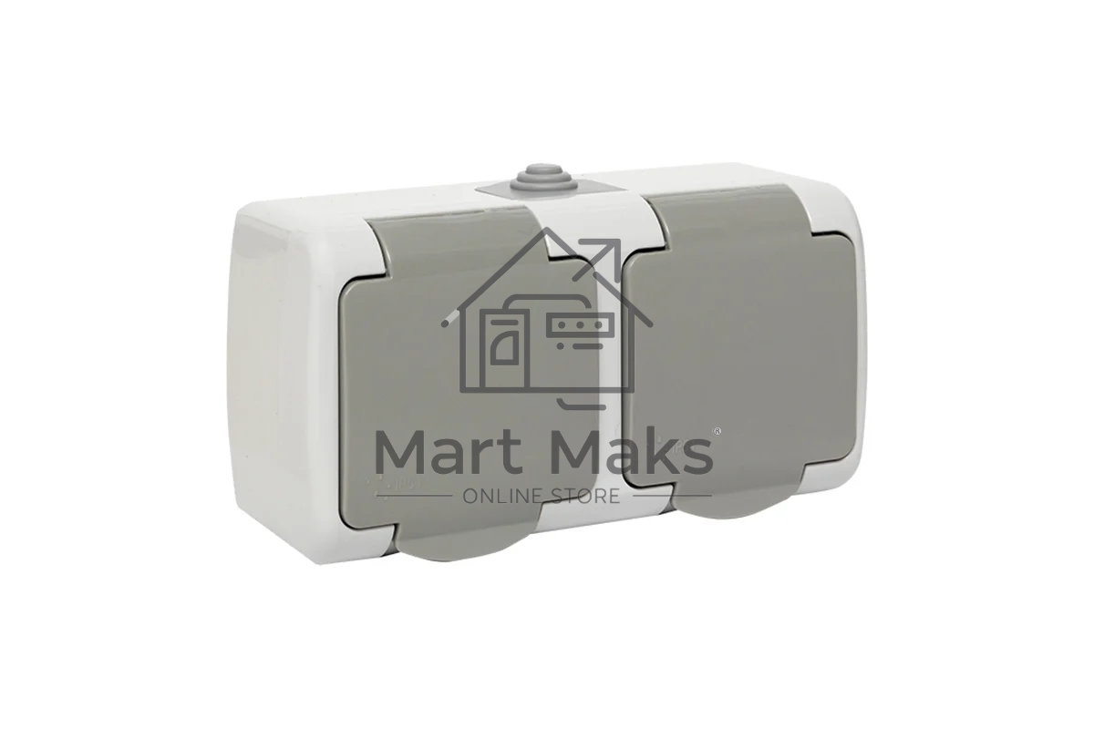 Розетка EKF Мурманск EFR16-129-30-54 2-местная 16А с заземлением с крышкой IP54 серый с защитными шторками