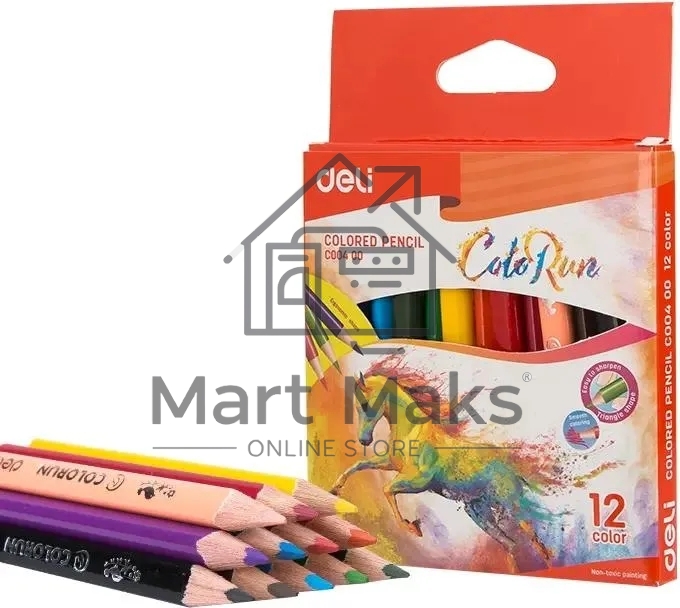 Карандаши цветные Deli EC00400 ColoRun, трехгранный профиль, тополь, 12 цветов, коробка с европодвесом