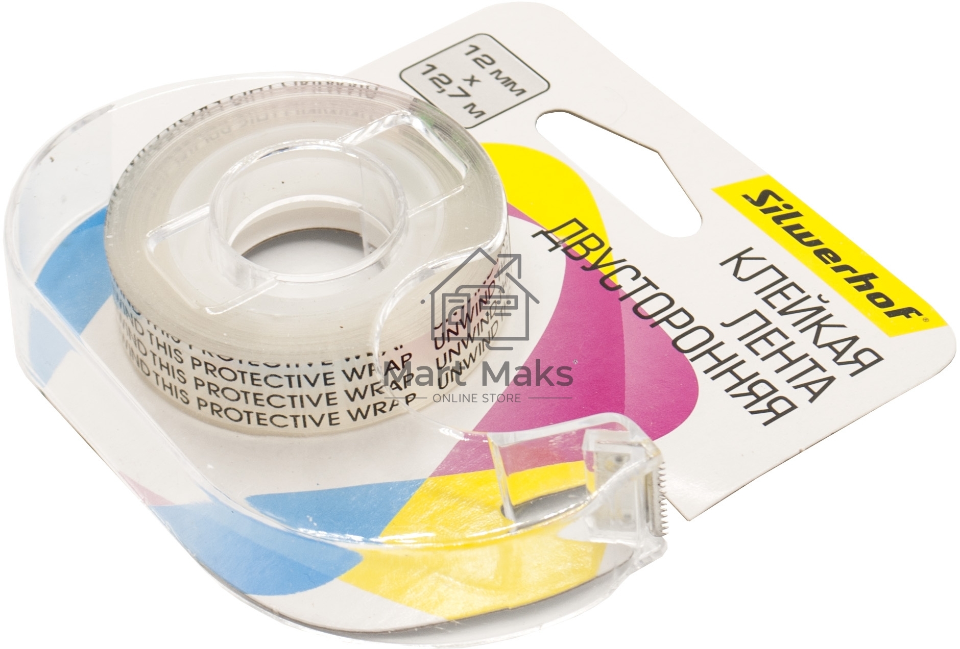 Клейкая лента двухсторонняя Silwerhof прозрачная, ширина 12мм, длина 12.7м полипропилен на диспенсере