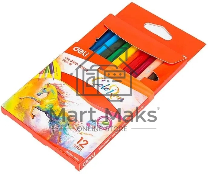 Карандаши цветные Deli EC00400 ColoRun, трехгранный профиль, тополь, 12 цветов, коробка с европодвесом