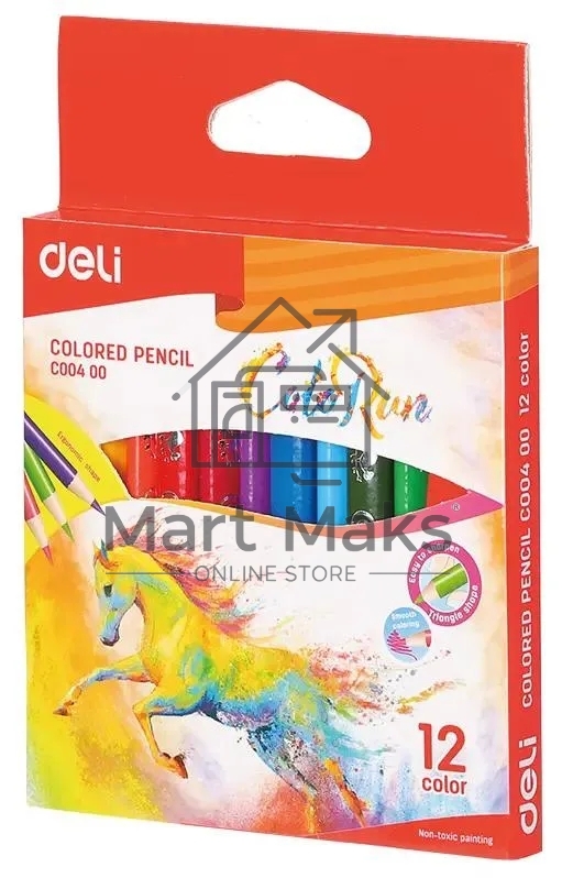Карандаши цветные Deli EC00400 ColoRun, трехгранный профиль, тополь, 12 цветов, коробка с европодвесом