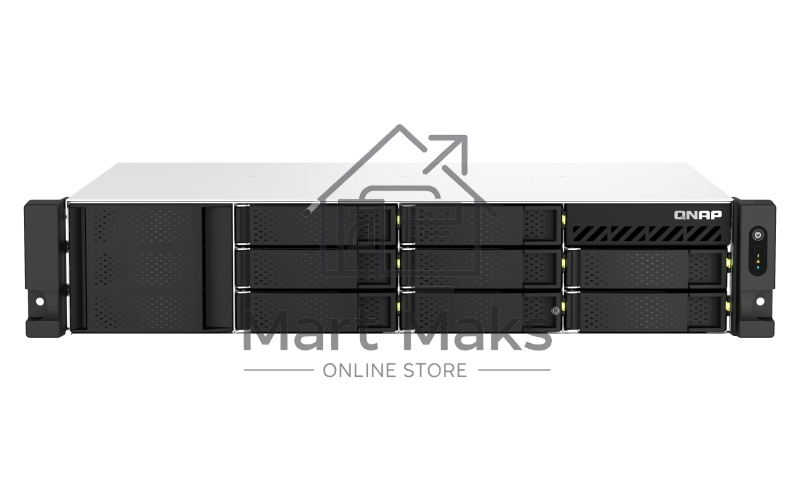 Сетевое хранилище SMB QNAP TS-873AeU-4G NAS 8x3.5/2.5 SATA/SSD trays, 2 x M2 PCIe, 2x 2.5 GbE, 2U rackmount, 1 PSU. AMD Ryzen V1500B 4-core/8-thread 2.2 GHz processor, 4 GB DDR4 RAM (1*4 GB) up to 64GB (2*32 GB). W/o rail kit RAIL-B02