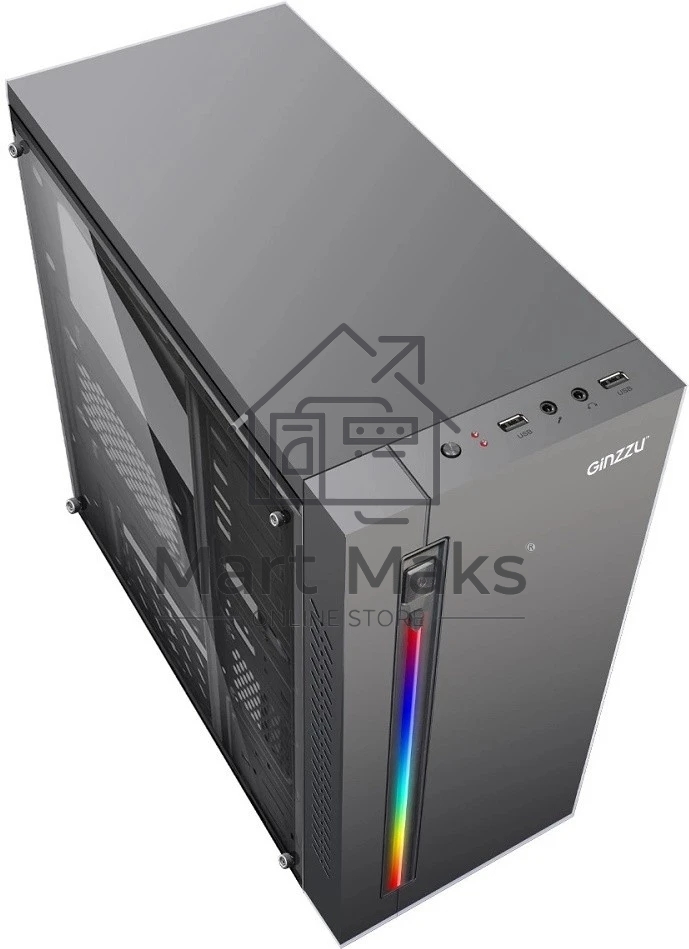 Компьютерный корпус MiniTower Ginzzu D370, RGb, Акриловое стекло, mATX, 2xUSB 2.0, черный, без БП, без вентиляторов