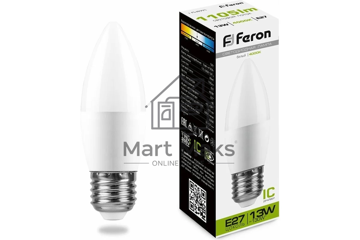 Лампа светодиодная FERON LB-970 (38111) 13 вт E27 белый матовая свеча