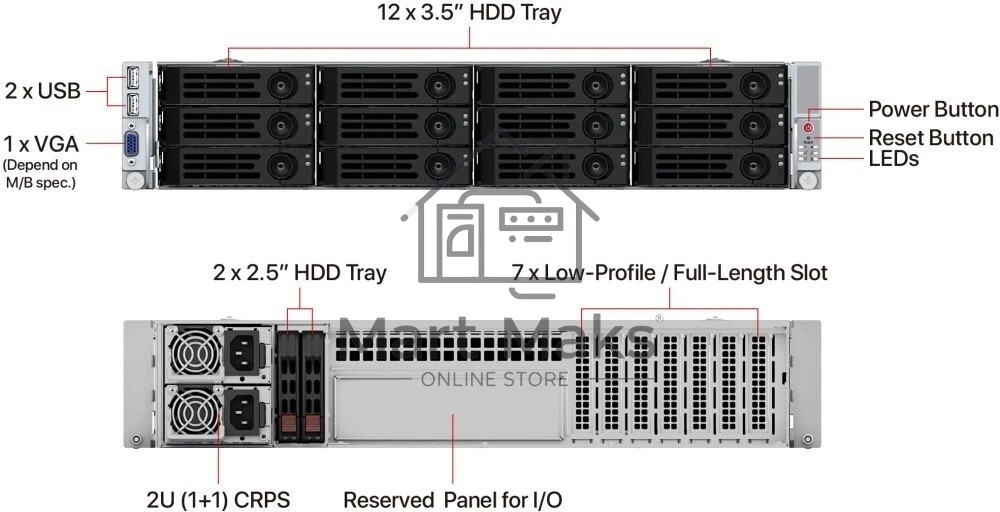 Серверный корпус Ablecom 2U CS-R29-05P; E-ATX, ATX, Micro-ATX, Mini-ITX MBs; 12 x 3.5'' hs; 1200W CRPS(1+1); no rails