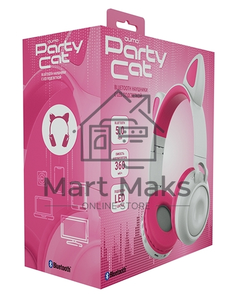 Гарнитура BT QUMO Party Cat ВТ 0025 (бело-розовая) c подсветкой, FM-радио, MicroSD, накладная, Bluetooth 5.0+EDR, 360 мА-ч, до 10 часов работы, пластик+экокожа.