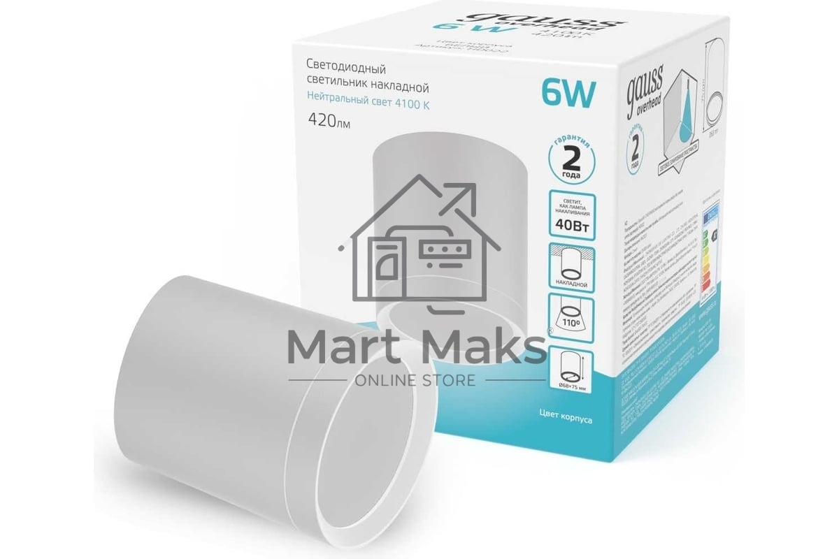Светильник GAUSS Overhead накл цил 6W 420lm 4100K 170-240V IP20 68*75мм белый с расс LED