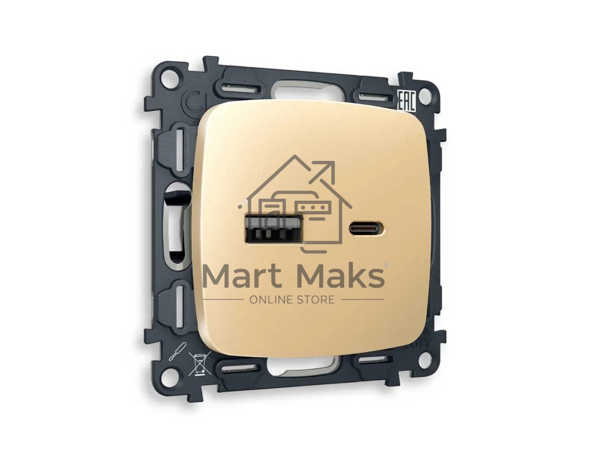Комплект механизма розетки OMEGA Шампань 2USB A+C 20W (быстрая зарядка) QUANT (OP6110, VM177) MO611010