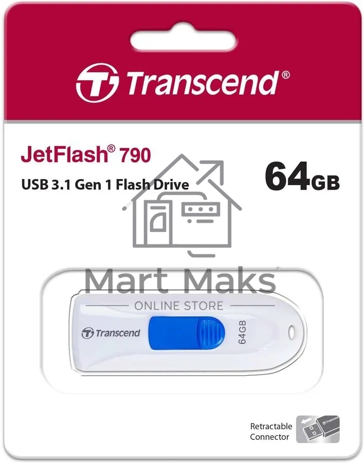 Флешка USB Transcend JetFlash 790 (TS64GJF790W), 64Gb, USB 3.0, R/W 70/25, белый/синий