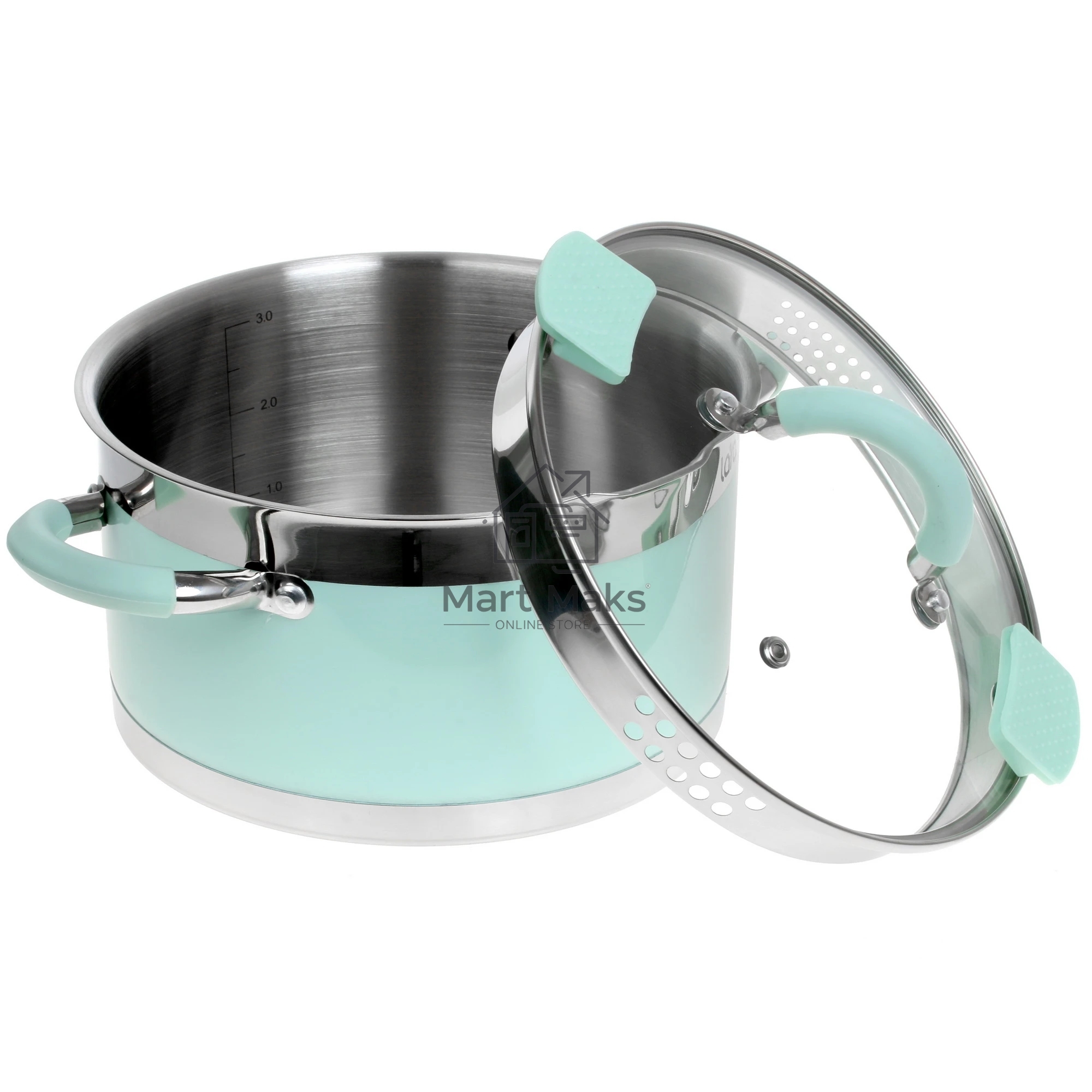 Кастрюля LARA LR02-542 MINT 20x11см, 3,3 л, носик, индукционное дно, крышка с бортом, полипропилен, силикон, нержавеющая сталь