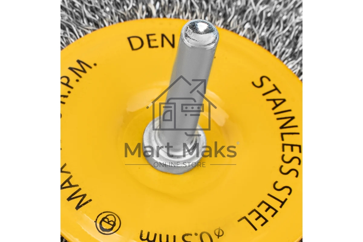 Щетка для дрели Denzel 100 мм, плоская, со шпилькой, нержавеющая витая проволока