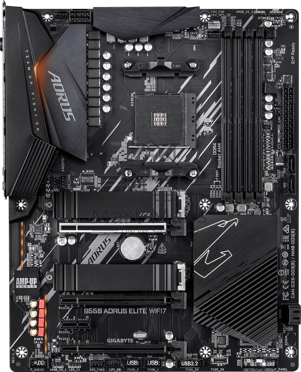 Материнская плата Gigabyte B550 AORUS ELITE WIFI7, AM4, AMD B550, 4xDDR4, 4xSATA 6Gb/s, 2xM.2, 1xPCIe 4.0 x16, 2xPCIe 3.0 x16, 1xPCIe 3.0 x1, 1xHDMI, 1xDisplayPort, 1x2.5GbE LAN, 2xUSB 3.2 Gen 2 Type-A, 3xUSB 3.2 Gen 1, 2xUSB 2.0, 5x3.5 мм, 7.1, ATX