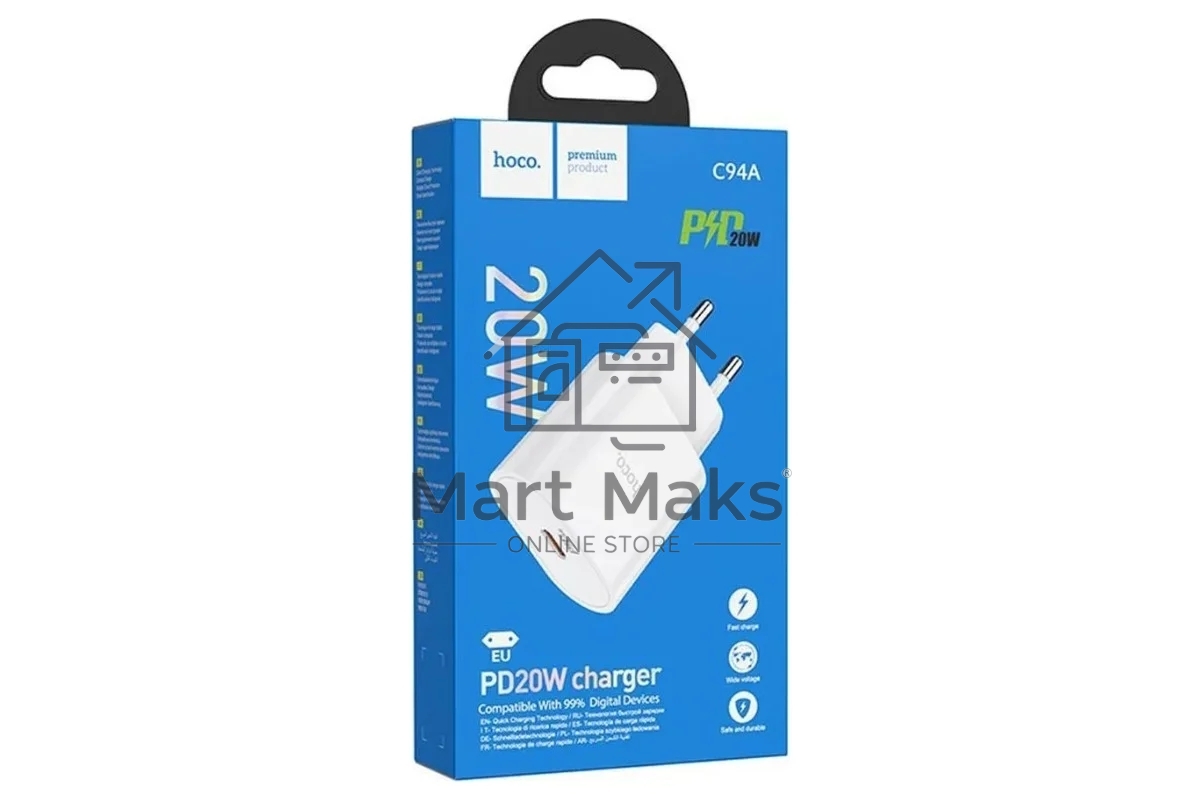 Блок питания (сетевой адаптер) HOCO C94A Metro 1xUSB-C с кабелем Type-C-Type-C, 3.0A, 20W, белый
