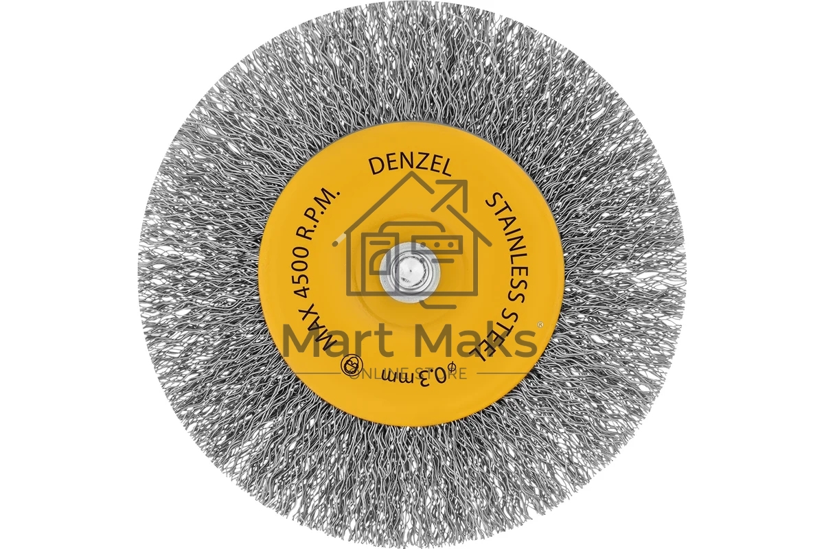 Щетка для дрели Denzel 100 мм, плоская, со шпилькой, нержавеющая витая проволока