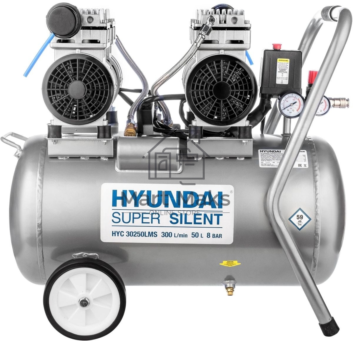 Компрессор поршневой Hyundai HYC 30250LMS безмасляный 300л/мин 50л 2000Вт серебристый/черный