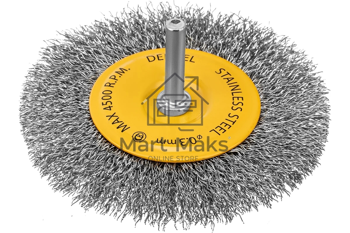 Щетка для дрели Denzel 100 мм, плоская, со шпилькой, нержавеющая витая проволока