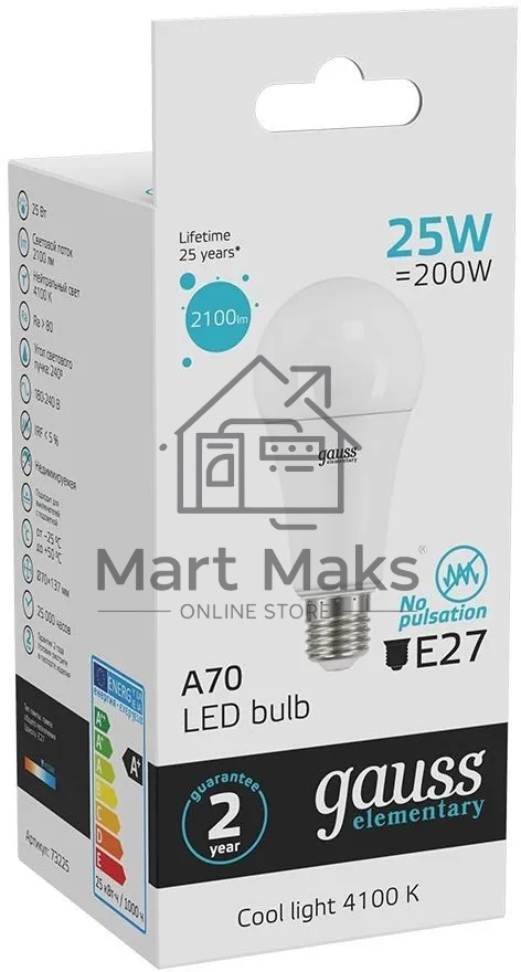 Светодиодная лампа GAUSS 73225 LED Elementary A67 25W E27 2100lm 4100K 1/10/50 0