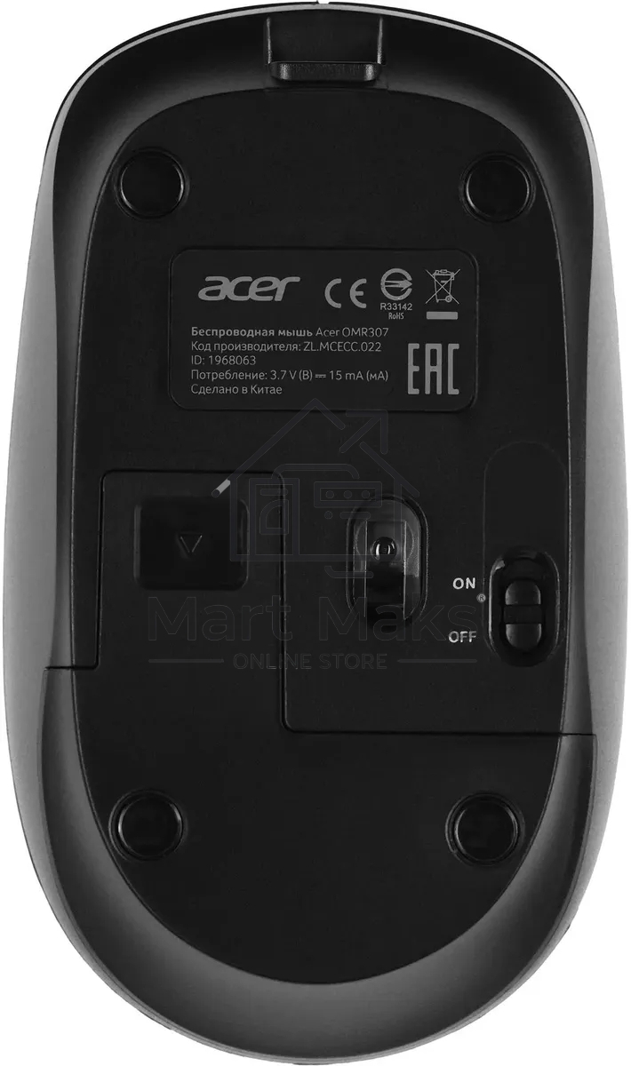 Мышь беспроводная Acer OMR307 черный, 1600 dpi, радиоканал, USB, кнопки - 4