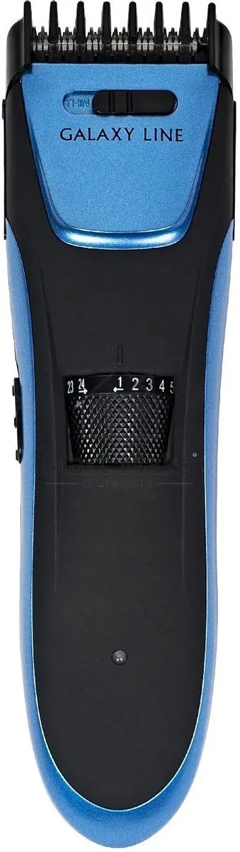 Набор для стрижки Galaxy Line GL 4166, черный с голубым, 3 Вт, время работы до 1,5 ч, аккум. Li-Ion 3,7 В, емк. аккум. 600 мА*ч, лезв. из нерж. стали, ширина лезвия 40 мм, 24 положения насадки-расчески (3,5 - 14,5 мм), филир. гребень, индик. заряда аккум.
