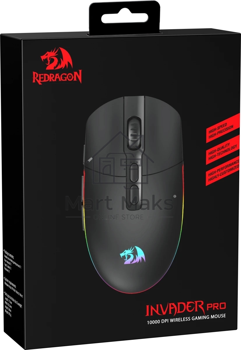 Мышь беспроводная REDRAGON 2.4G/проводная игровая 7+кн.колесо 10000dpi RGb черный Invader Pro