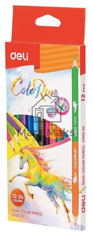 Карандаши цветные Deli EC00520 ColoRun, двухцветные, липа, 24 цвета, коробка с европодвесом (12шт)