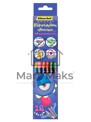 Карандаши цветные Silwerhof Монстрики, двухцветные, 2.8мм, круглый профиль, дерево, ассорти, 12 цветов, коробка с европодвесом (6шт)