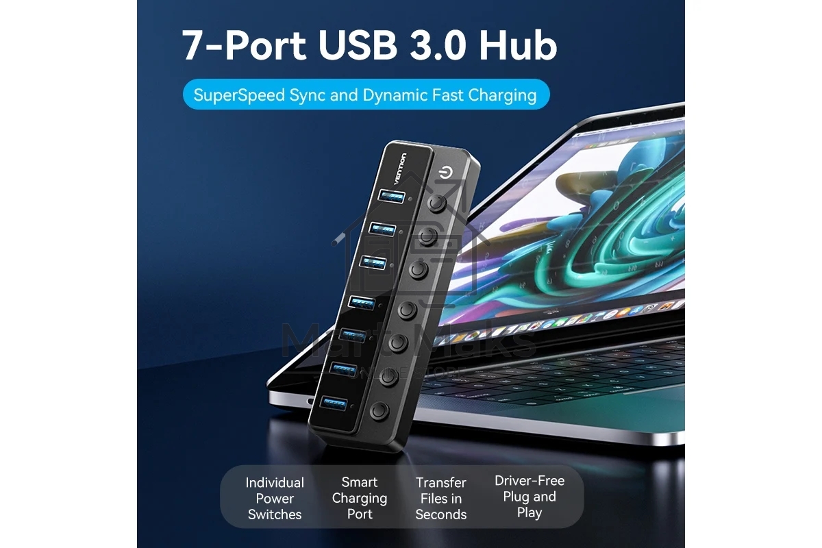 Концентратор Vention OTG USB 3.0 на 7 портов черный