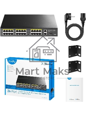 Коммутатор Cudy FS1026PS1, (L2) 24x100Мбит/с 2x1Gbит/с, 1SFP, 24PoE, 24PoE+ 300W, неуправляемый