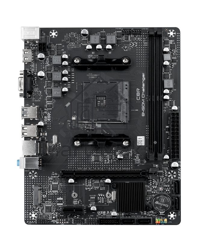 Материнская плата CBR B450M Challenger, AM4, AMD B450, 2xDDR4, 4xSATA, 1xM.2, 1xPCIe 3.0 x16, 1xPCIe x1, 1xHDMI, 1xVGA, 1x1Gb LAN, 2xUSB 2.0, 2xUSB 3.2 Gen 1, 3x3.5 мм, 7.1, mATX