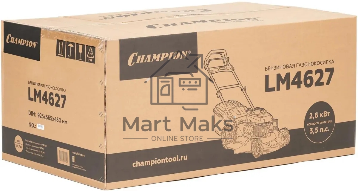 Газонокосилка Champion LM4627 (2,6кВт привод травосб.60л. шир.460мм 25-75мм 31,6кг 3в1)(Газонокосилка самоходная, Объем двигателя 139 см3, вес без травосборника 31,6 кг, Объем топливного бака 1,0 л, Мощность 2,6/3,5 кВт/л.с., объем травосборника 60 л, шир