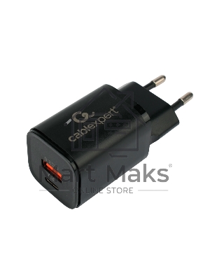 Зарядное устройство Cablexpert MP3A-PC-43, 30Вт, 3А, быстрая зарядка QC3.0/PD, 2 порта: USB и Type-C, черный, пакет