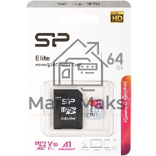 Флеш карта microSD 64Gb Silicon Power Elite A1 microSDXC Class 10 UHS-I U3 100 Mb/s (SD адаптер)