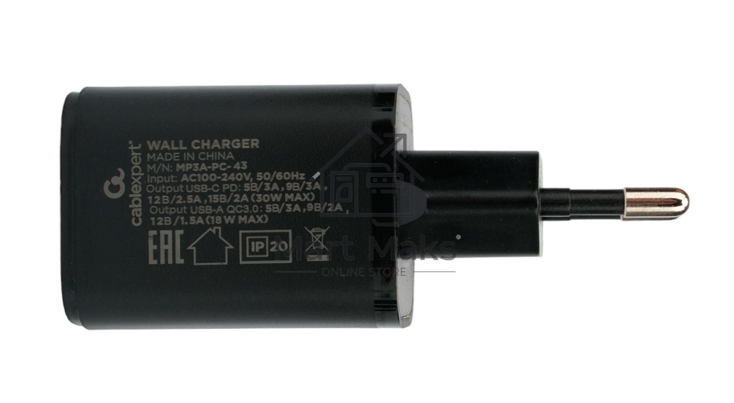 Зарядное устройство Cablexpert MP3A-PC-43, 30Вт, 3А, быстрая зарядка QC3.0/PD, 2 порта: USB и Type-C, черный, пакет