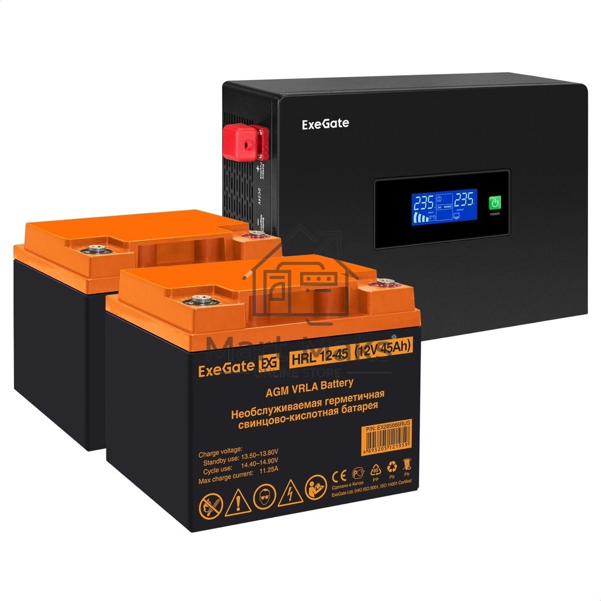 Комплект Источник бесперебойного питания EX295994RUS + батарея 45Aч EX285666RUS 2шт (инвертор, синус, для котла, PF=1, настенный) ExeGate IdealSine SR-1500.LCD.2SH <1500VA/1500W, чистая синусоида, цветной LCD-дисплей, 2*Schuko, крепление настенное, черный