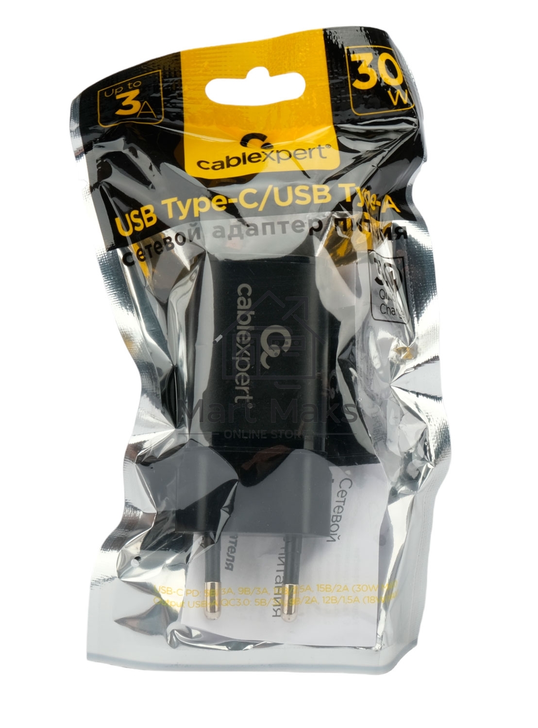 Зарядное устройство Cablexpert MP3A-PC-43, 30Вт, 3А, быстрая зарядка QC3.0/PD, 2 порта: USB и Type-C, черный, пакет