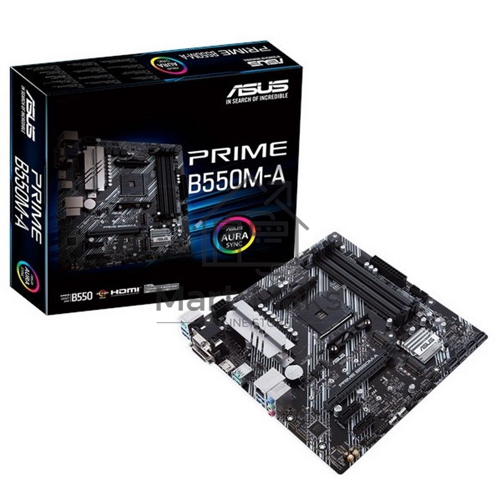 Материнская плата ASUS PRIME B550M-A, AM4, AMD B550, 4xDDR4, 4xSATA, 2xM.2, 1xPCIe 4.0 x16, 2xPCIe x1, 1xDVI-D, 1xHDMI, 1xVGA, 1x 1Gb LAN, 2xUSB 3.2 Gen 1, 2xUSB 2.0, 3x3.5 мм, 7.1, mATX