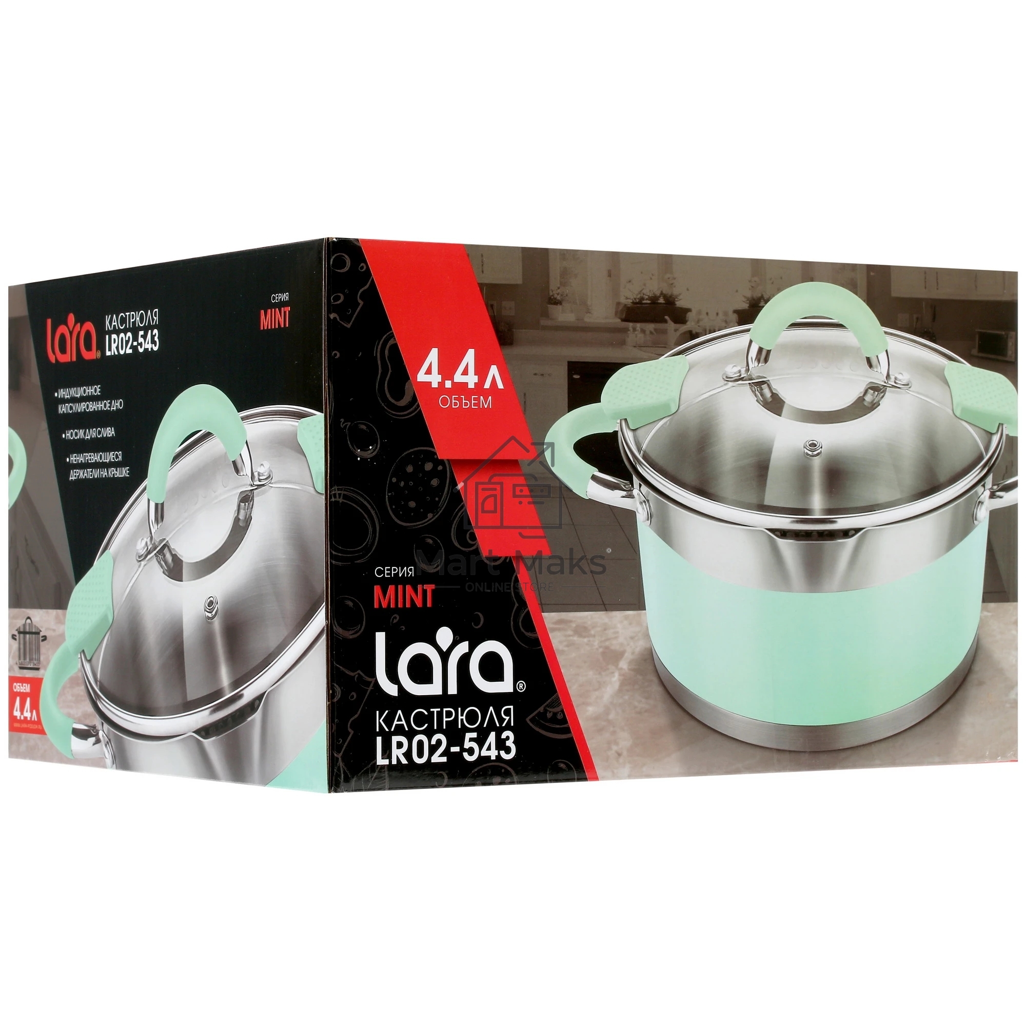 Кастрюля LARA LR02-543 MINT 22x12 см, 4,4 л, носик, индукционное дно, крышка с бортом, полипропилен, силикон, нержавеющая сталь