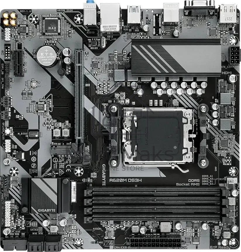Материнская плата Gigabyte A620M DS3H, Micro-ATX, AM5, AMD A620, 4xDDR5, 4xSATA, 1xM.2, 1xPCI-E 4.0 x16, 1xPCI-E x1, 1xHDMI, 1xDP, 1xVGA, 1x 1Gb LAN, 1xUSB 3.2 Gen 1, 4xUSB 2.0, 3x3.5mm, 7.1, ATX