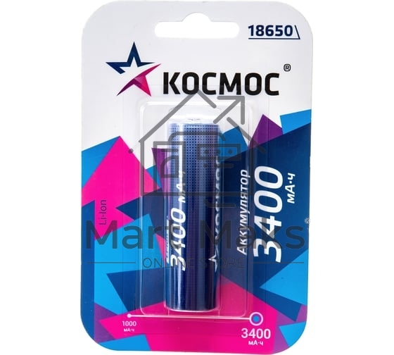 Аккумулятор 18650 Li-ion 3400мА.ч без защиты (блист.1шт) КОСМОС KOC18650Li-ion34UBL1