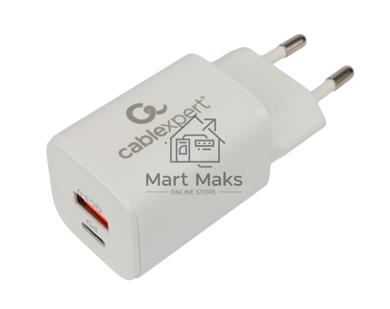 Зарядное устройство Cablexpert MP3A-PC-42, 30Вт, быстрая зарядка QC3.0/PD, 2 порта: USB и Type-C, белый, пакет