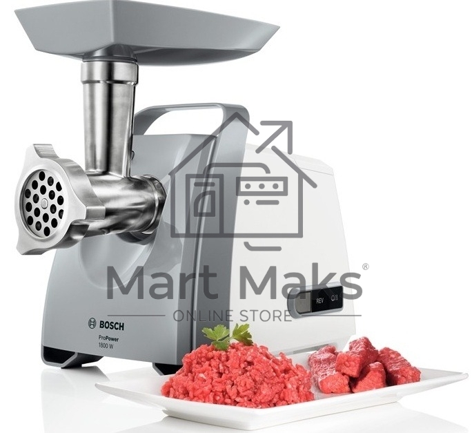 Мясорубка электрическая Bosch MFW 66020 белый/серый, 1800 Вт, 3.0 кг/мин, насадки - 5