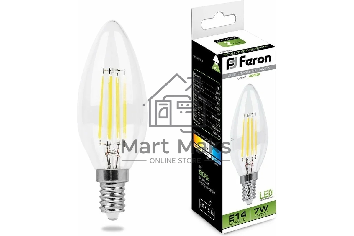 Лампа светодиодная Feron LB-66 (25780) 7 вт Е14 белый свеча FILAMENT