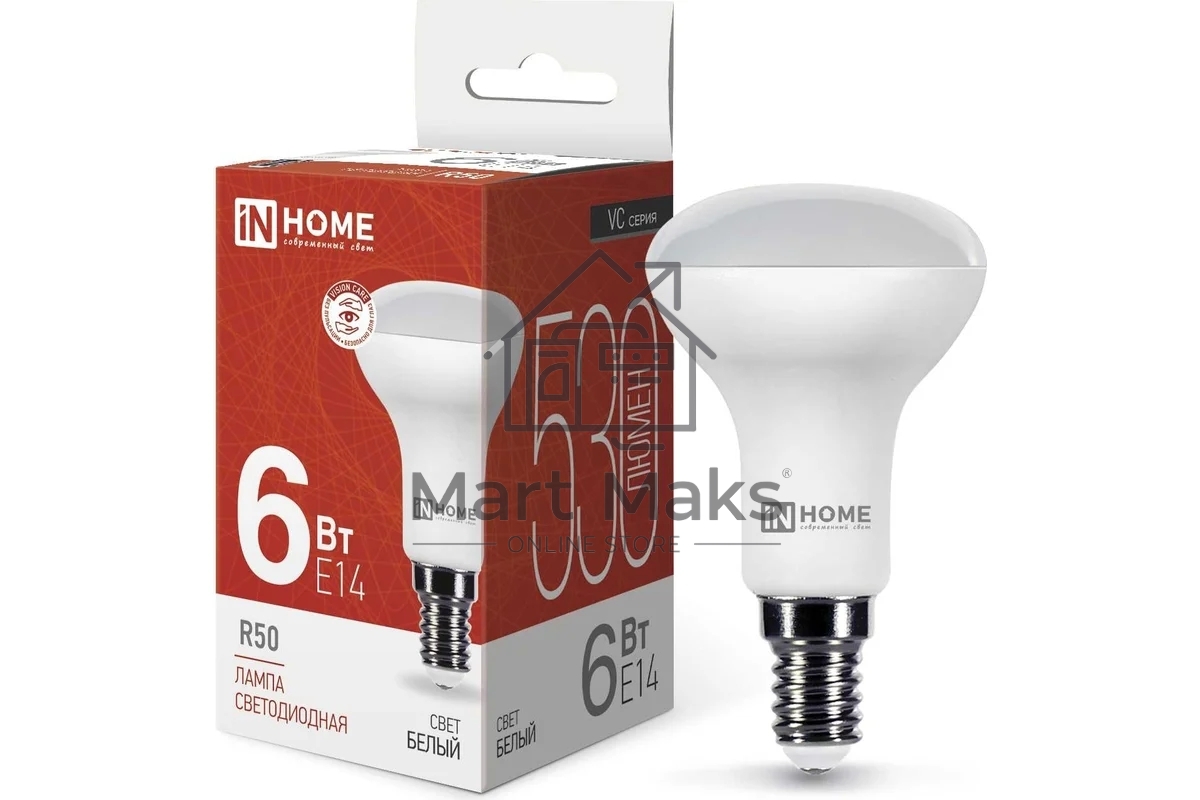 Лампа светодиодная IN HOME LED-R50-VC (4690612024264) 6 Вт 4000К нейтр. бел. E14 525лм 230В