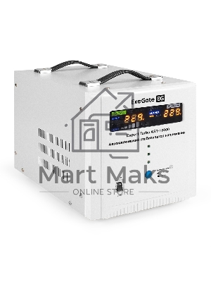 Стабилизатор напряжения ExeGate Expert Turbo AST-10000 (10000ВА, вход 80-260В, цветной дисплей, выход 220В±8%, КПД 98%, 5 уровней защиты, задержка, усиленный метал. корпус, 2*Schuko+клем.колодка, RTL)