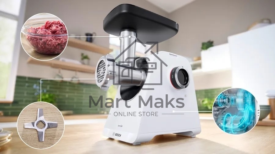 Мясорубка электрическая Bosch MFWS607W белый, 2100 Вт, 3.5 кг/мин, реверс, насадки - 4